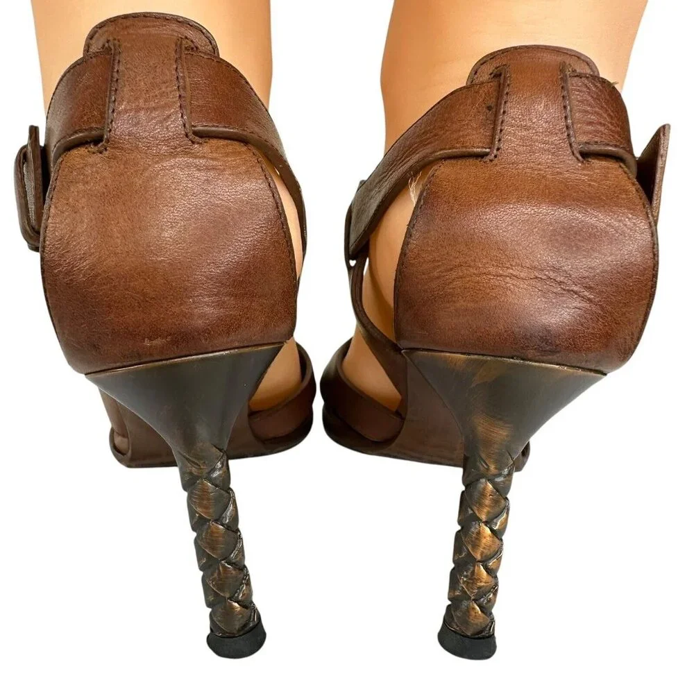 Bottega Veneta Leather Strappy Sandals Brown Size US 5.5 EU 36 High Heel Copper - Picture 3 of 15
